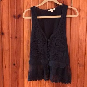 Anthropologie Mystee, Navy Blue and lace trimmed